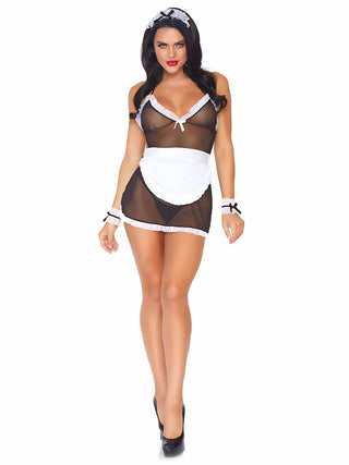 PC Seductive French Maid Roleplay Costume, Includes Mesh Halter Apron Dress, G-String Panty, Wrist Cuffs, and Headband