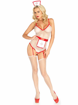 3 PC TLC Nurse Roleplay Costume, Includes Fishnet Crotchless Garter Teddy, Apron, and Headband