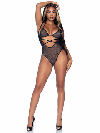 2 PC Rhinestone Mesh Wrap Around Bikini Top and Suspender Bodysuit